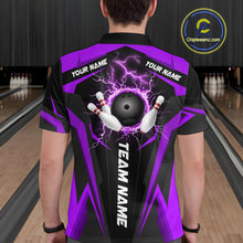 Load image into Gallery viewer, Black Men bowling Polo, 1/4 Zip shirt Custom lightning thunder team league bowling jersey | Purple NQS10375
