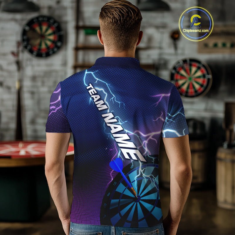 Custom Purple Blue Lightning Strike Dart Shirts For Men, Darts Team Jersey Polo & 1/4 Zip Outfit TDM4140