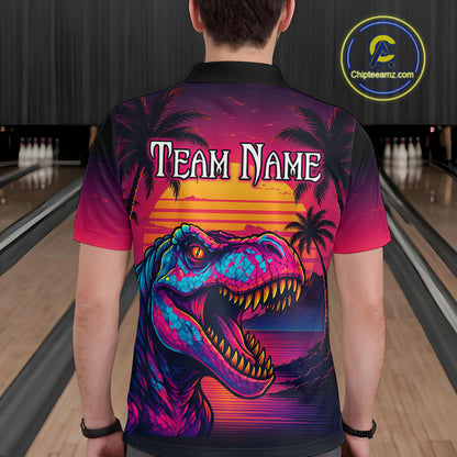 Custom Neon Dinosaur Bowling Men Bowling Shirt Polo & Quarter-Zip Bowling Team Jerseys HNT78
