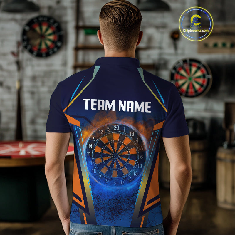 Men’s Custom Darts Team Shirt With Blue Grunge Texture And Fiery Dartboard NYN0312