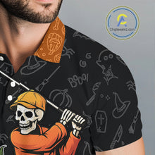 Load image into Gallery viewer, Halloween Skull Playing Golf Mens Golf Polo Shirt Custom black and orange Halloween mens golf outfit NQS10341