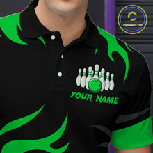 Load image into Gallery viewer, Black and Green Flame Bowling shirts for Men Custom team bowling jerseys, mens bowling apparel NQS10268