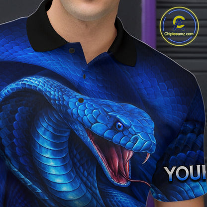 Custom 3D Blue Cobra Snake Bowling Team Shirt Bowling Jersey Outfit for Men Polo & Quarter-Zip QZT723