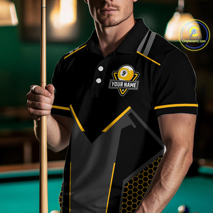 Personalized Yellow Black 9 Ball Billiard Shirt For Men, 9 Ball Pool Team Jersey Polo & 1/4 Zip TDM4476