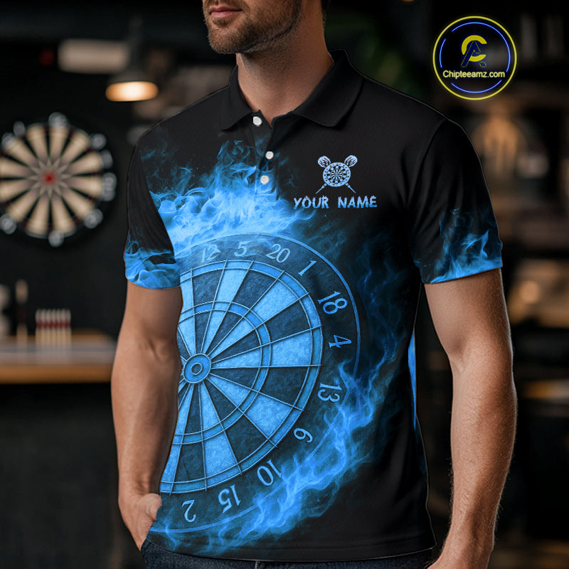 Personalized Blue Dartboard Dragon Flame Darts Shirt For Men Custom Dart Jerseys Polo & 1/4 Zip TDM4070