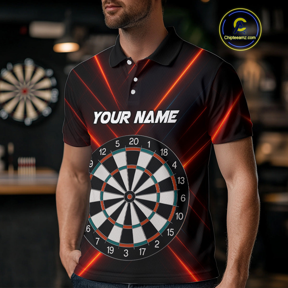 Men's Personalized Darts Shirt With Red Laser Streaks And Dual Dartboards NYN0268