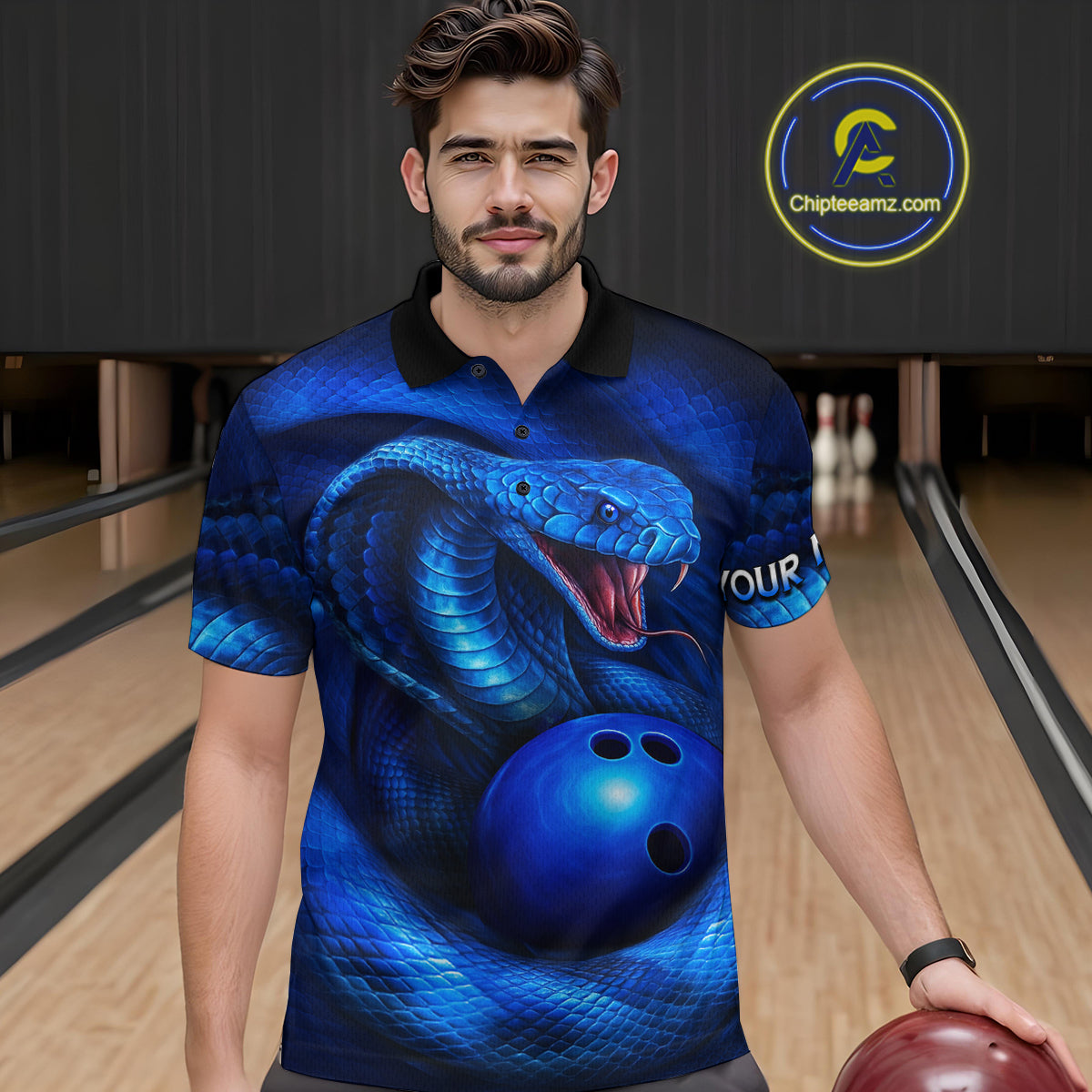Custom 3D Blue Cobra Snake Bowling Team Shirt Bowling Jersey Outfit for Men Polo & Quarter-Zip QZT723