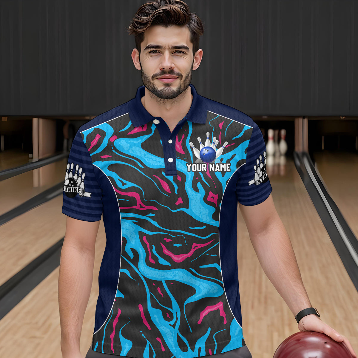 Custom Camo Pink & Teal Bowling Jersey Bowling Team League Polo Shirt for Men Women QZT665