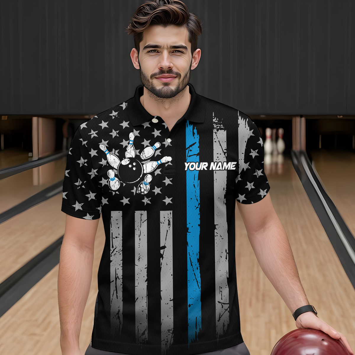 US Blue Flag Bowling Shirt for Men Custom Name Polo & Quarter-Zip Bowling Jersey Bowling Team Shirt HNT23