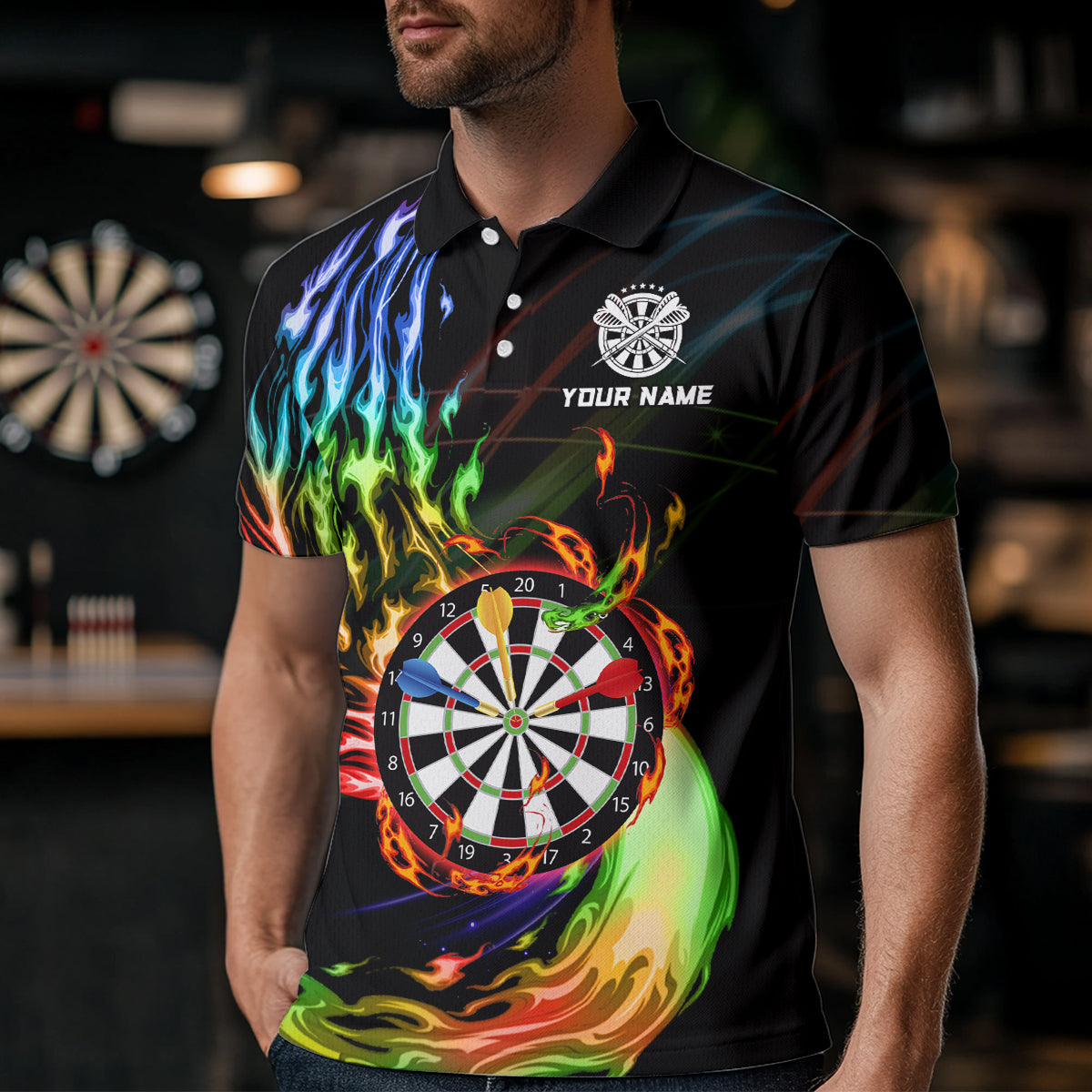 Rainbow Fire Flame Dartboard Darts Polo & Quarter Zip Custom Dart Shirts For Men Dart Jerseys TDM3740