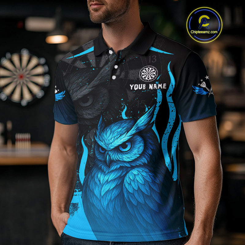 Men’s Darts Shirt With Navy Owl And Grunge Dartboard, Custom Name Option NYN0305