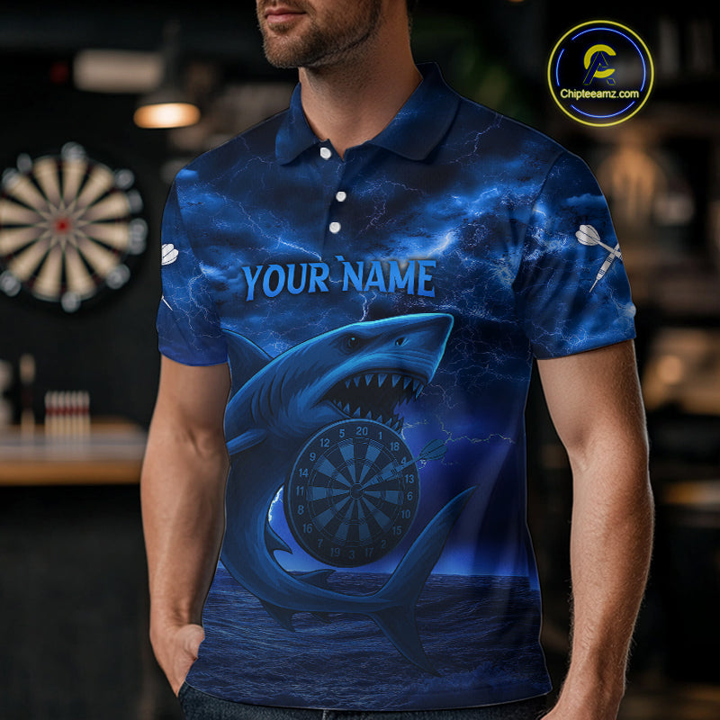 Men's Custom Darts Shirt - Cobalt Lightning Shark In Ocean With Dartboard And Arrow NYN0330
