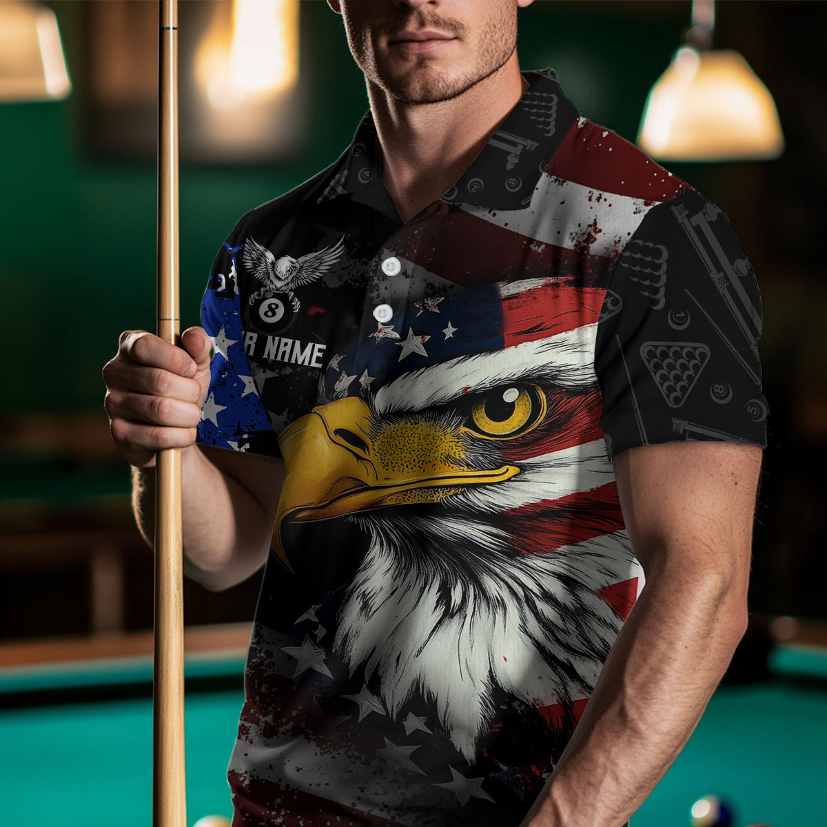 American Flag Billiard Shirt Funny Eagle Billiard Jersey Billiard for Men Polo & 1/4 Zip Shirt NNT06
