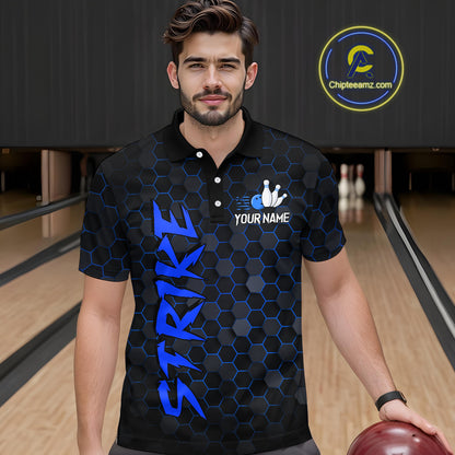 Custom Strike Blue Bowling Men Bowling Shirt Polo & Quarter-Zip Bowling Team Jerseys HNT79