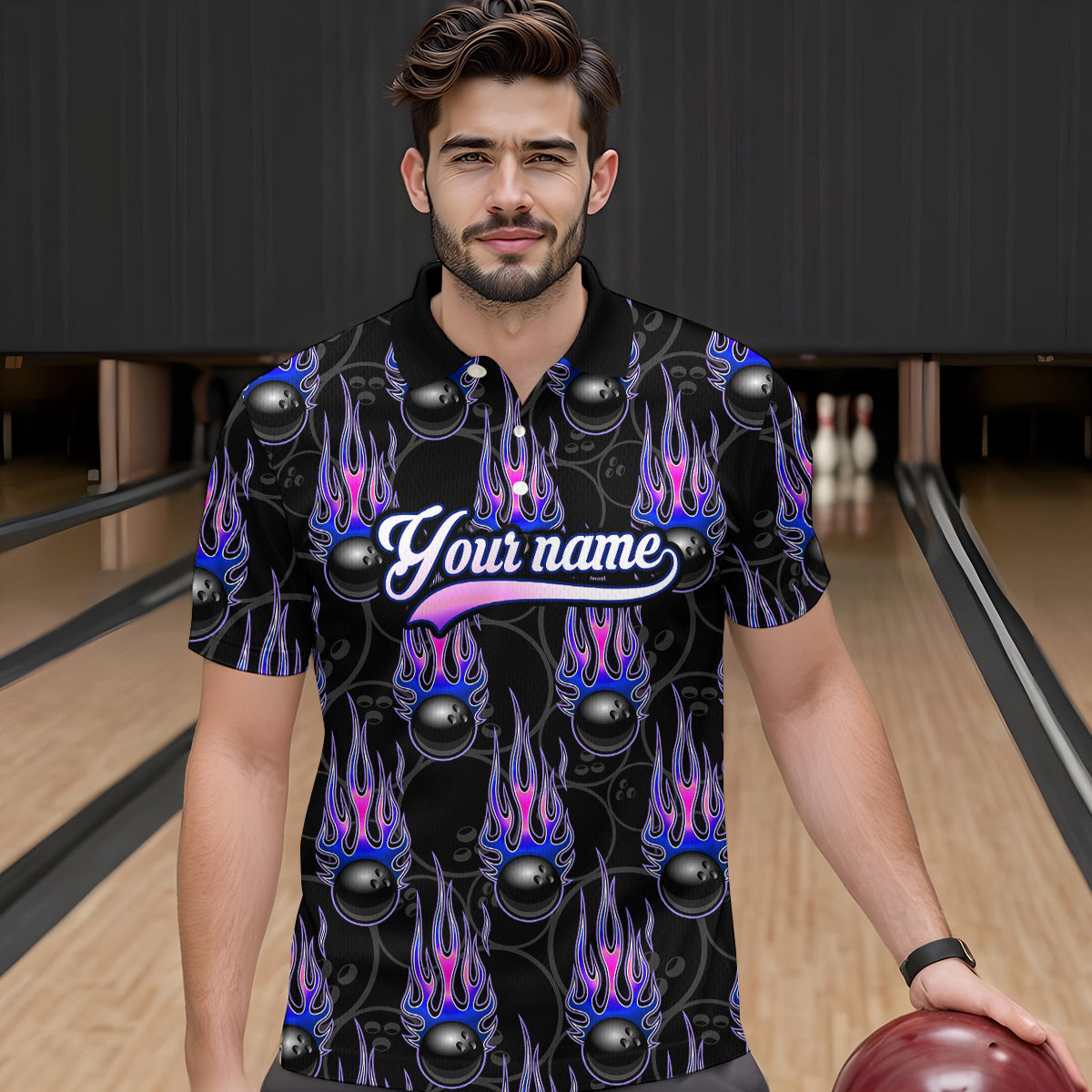 Black Bowling Ball Camo Blue Flame Bowling Polo, 1/4 Zip Shirt for Men Custom Bowling Team Jersey NQS9480