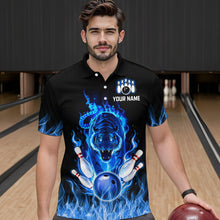 Load image into Gallery viewer, Blue Flaming Tiger Bowling Custom Men Bowling Polo &amp; Quarter-Zip Bowling Team Jerseys HNT46