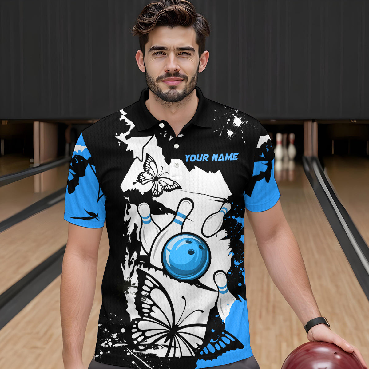Custom Blue Butterflies Bowling Shirt for Men Women Team Bowling Polo&Quater Zip MBL76