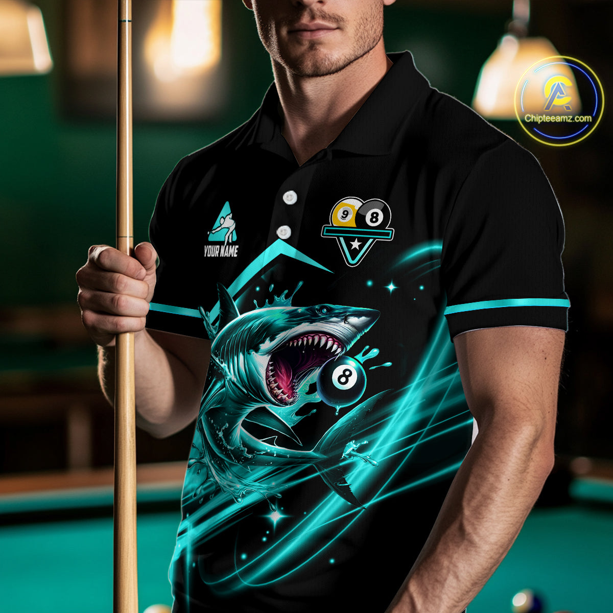 Turquoise 8 Ball & 9 Ball Pool Billiard Shark Polo & 1/4 Zip For Men Custom Team Billiard Jerseys TDM4089