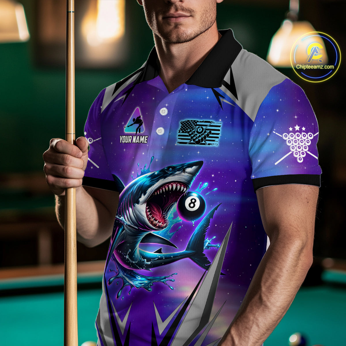Personalized Shark 8 Ball Pool Billiard Shirt For Men Custom Purple Blue Billiard Team Jersey TDM4367