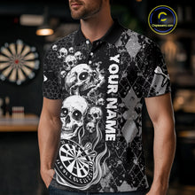 Load image into Gallery viewer, Black Grey Grunge Argyle Skull Dart Shirts Custom Men&#39;s Dart Jerseys Team Polo &amp; Quarter Zip TDM3836
