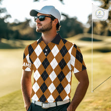 Load image into Gallery viewer, Mens golf polo shirt custom brown argyle plaid pattern golf attire for men NQS9848