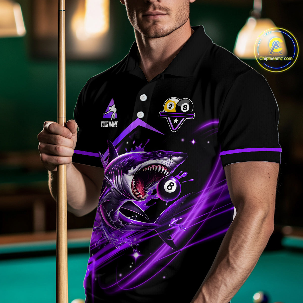 Purple 8 Ball & 9 Ball Pool Billiard Shark Polo & Quarter Zip For Men Custom Team Billiard Jerseys TDM4088