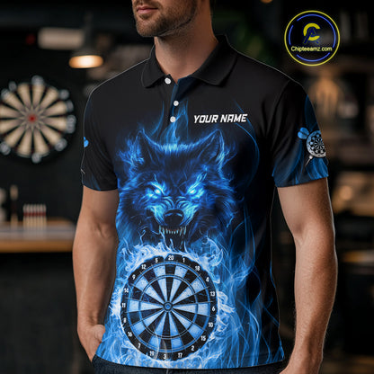 Custom Wolf Dart Shirts For Men – Fire Flame Dartboard Darts Team Jerseys Polo & Quarter Zip |Blue TDM4043
