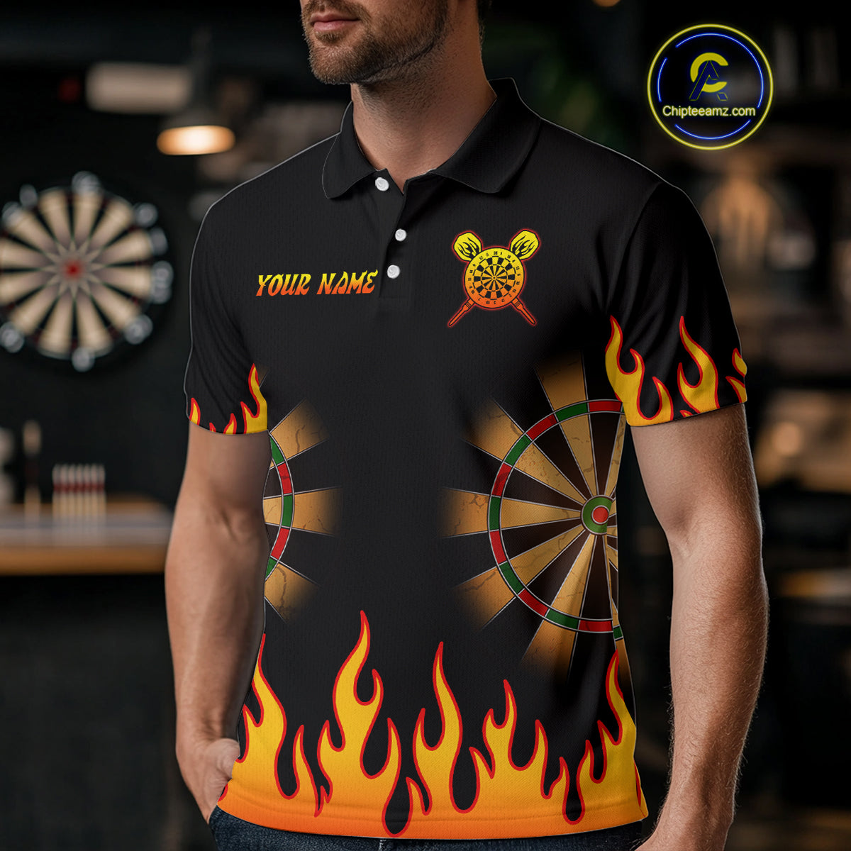 Men's Personalized Darts Shirt With Black Flame Pattern And Fiery Dartboard NYN0265