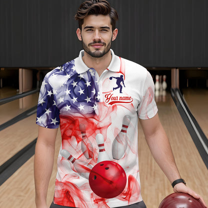 American Flag Smoke Bowling Shirt for Men Custom Polo & Quarter-Zip Team Bowling Jersey with Team HNT21