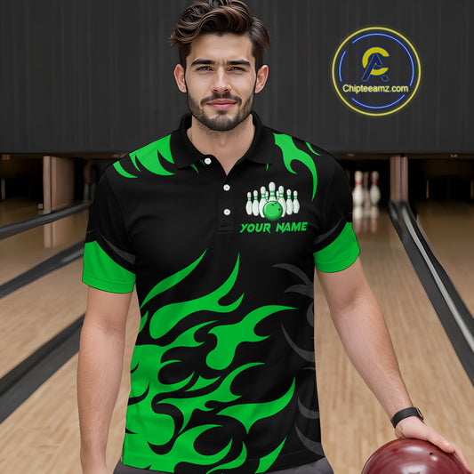 Black and Green Flame Bowling shirts for Men Custom team bowling jerseys, mens bowling apparel NQS10268