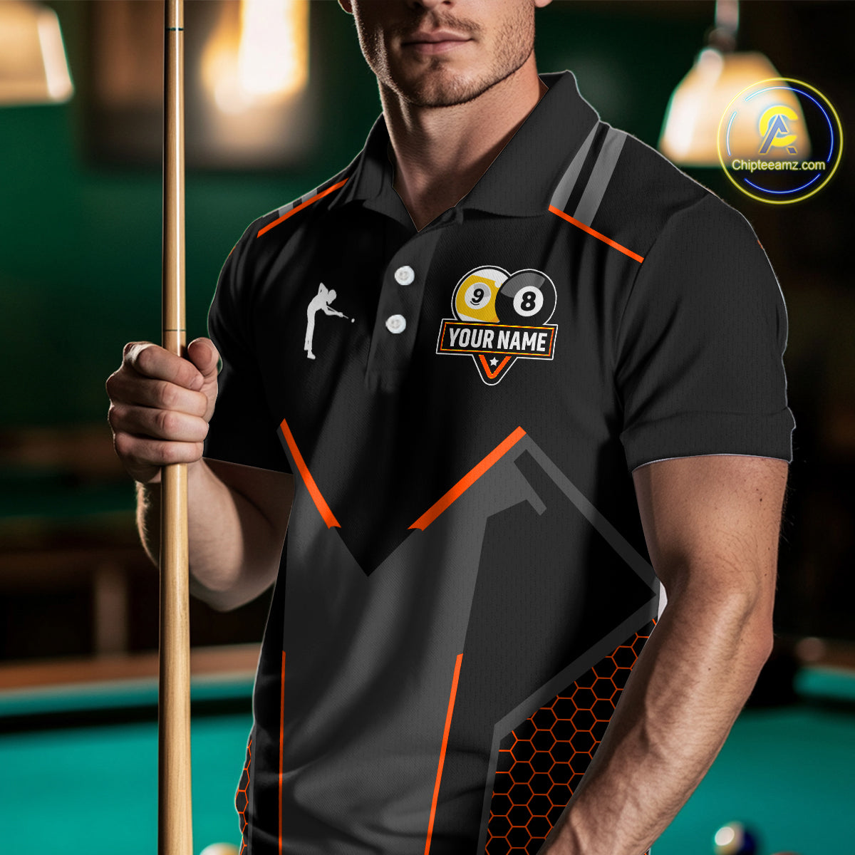 Personalized 8&9 Ball Pool Billiard Polo, 1/4 Zip For Men Custom Team Billiard Jersey|Orange TDM4049