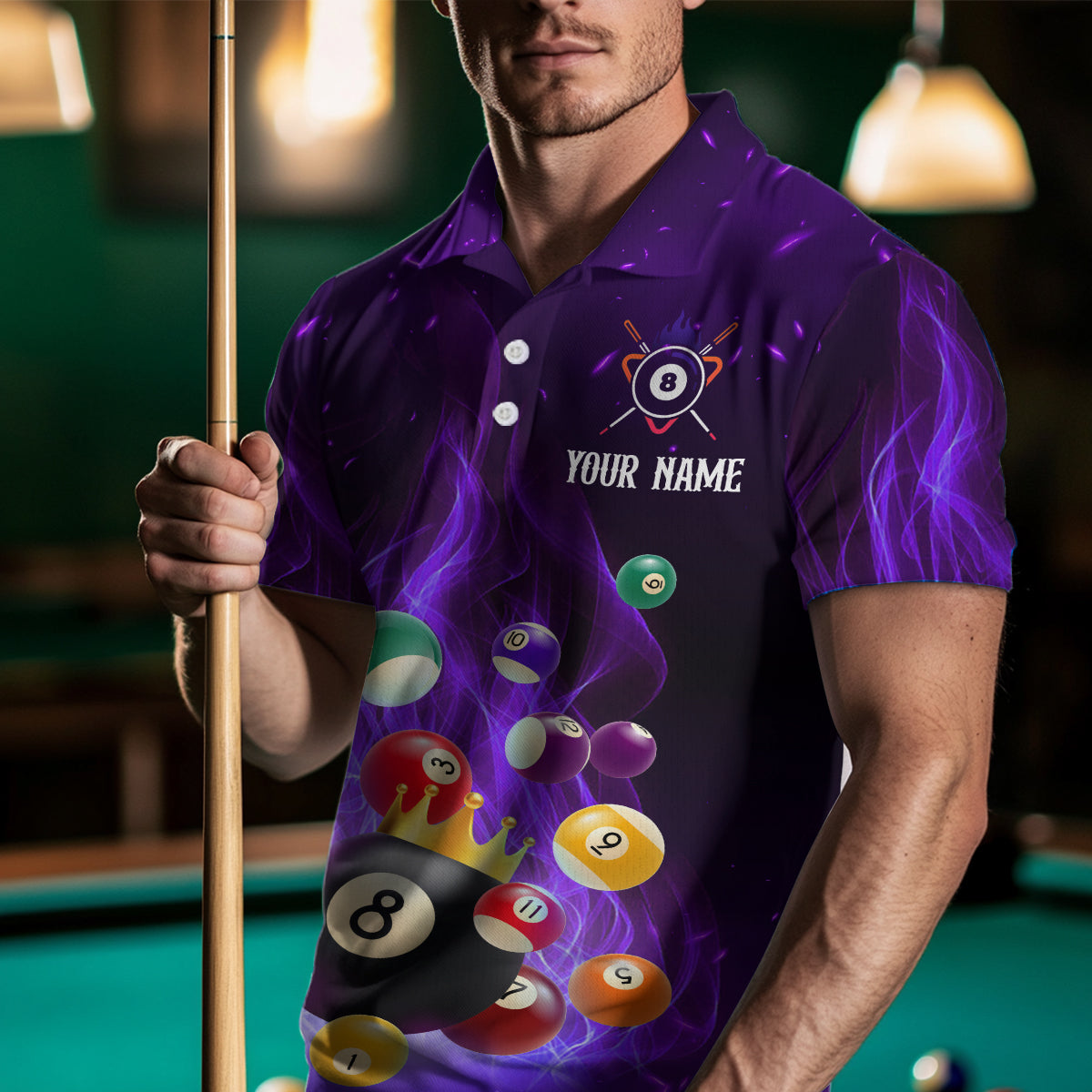 Purple Flaming Billiards Shirt 8 Ball Billiards Shirt Men Polo Shirts & 1/4 Zip NNT08