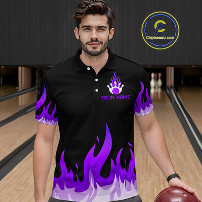 Custom Purple Flame Bowling Shirts for Men Polo & Quarter-Zip Bowling Team Jerseys HNT82