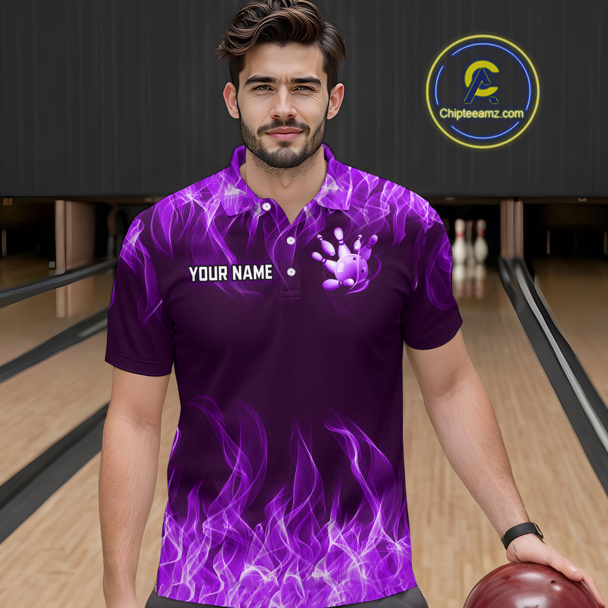 Custom Purple Flame Bowling Jersey for Men Bowling Uniform Polo & 1/4 Zip Bowling Team Shirts HNT106