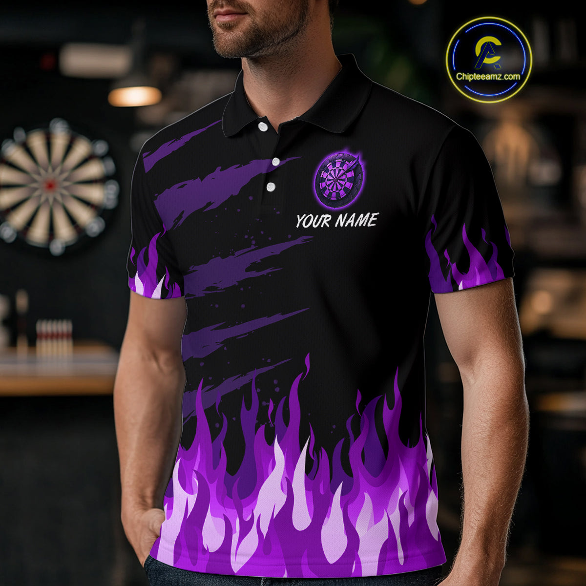 Men's Custom Darts Team Shirt With Purple Phoenix Dartboard And Flame Pattern NYN0341