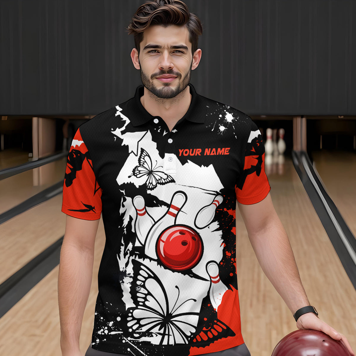 Custom Red Butterflies Bowling Shirt for Men Women Team Bowling Polo&Quater Zip MBL76