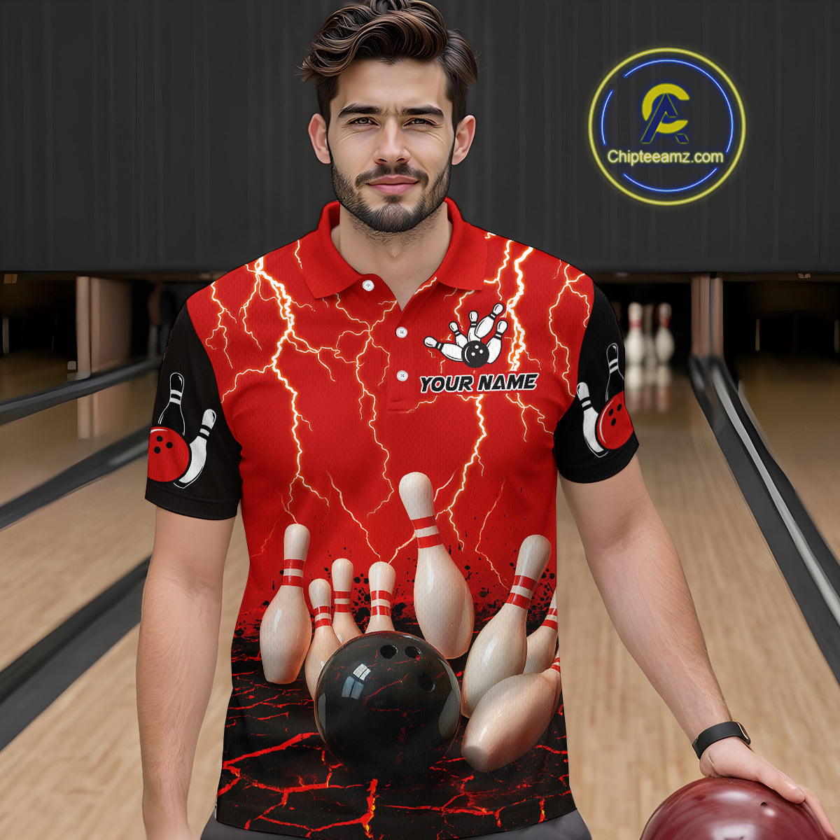 Red Thunder Lightning & Lava Bowling Shirt for Men Women Team Bowling Jersey MBL92