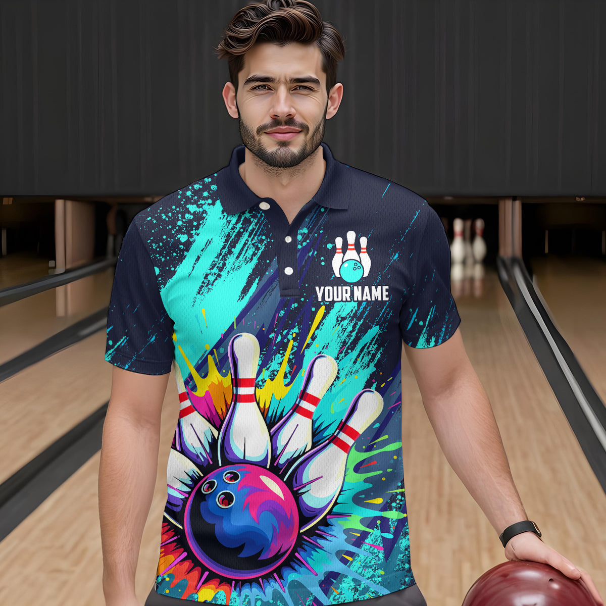 Custom Teal Bowling Shirt for Women Men Bowling Water Color Bowling Polo & 1/4 Zip Shirts MBL37