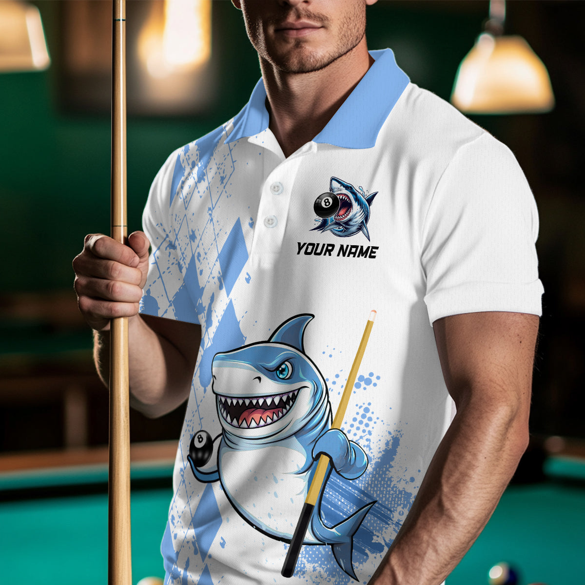 Personalized Blue Shark Billiard Team Jerseys Billiard Shirts for Men Polo & 1/4 Zip Shirts NNT39