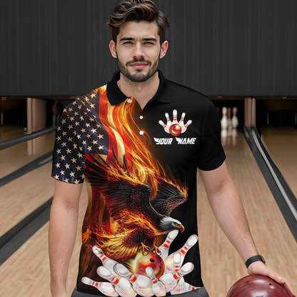 Personalized Flaming US Flag Eagle Bowling Shirt Bowling Jersey for Men Team Polo & 1/4 Zip HNT38