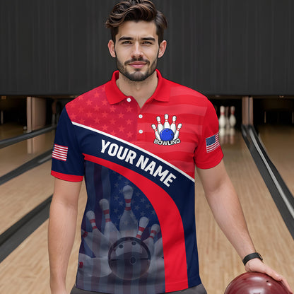 Personalized US Flag Bowling Jersey for Men Bowling Gifts Bowling Team Jersey with Name Polo & 1/4 Zip HNT28