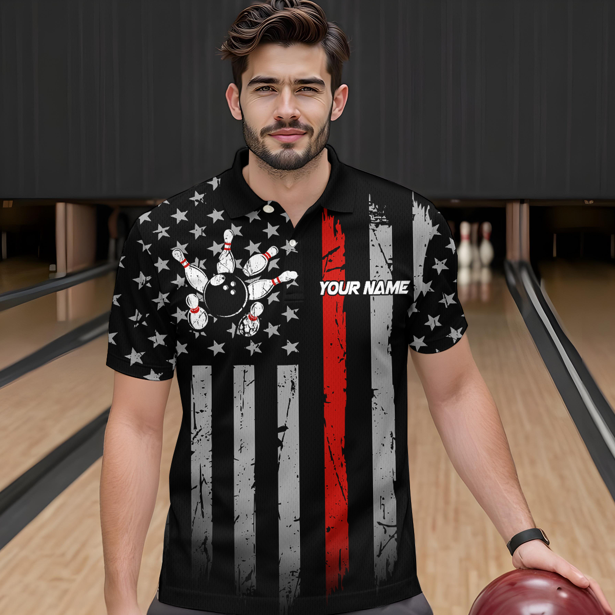 US Red Flag Bowling Shirt for Men Custom Name Polo & Quarter-Zip Bowling Jersey Bowling Team Shirt HNT23