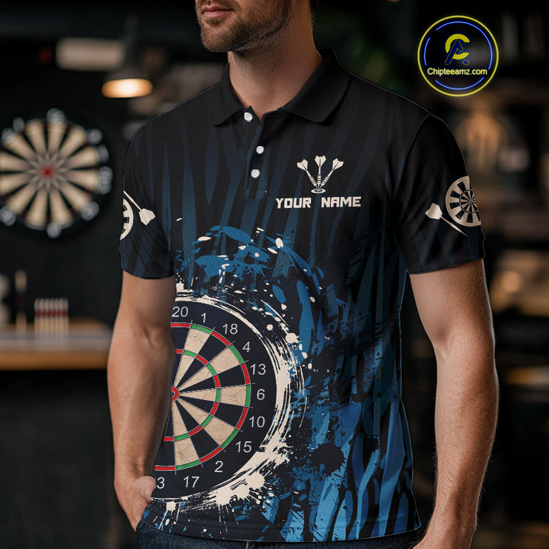 Men’s Custom Darts Team Shirt With Blue Splashed Art, Black Stripes And Dartboard NYN0255