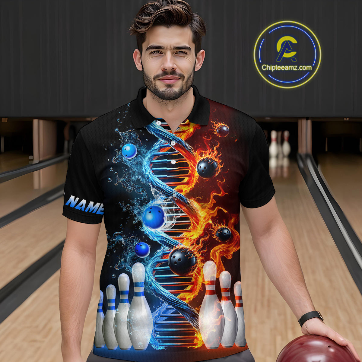 Man wearing custom ice and fire DNA bowling polo shirt, front view mockup, personalized bowling league jersey.