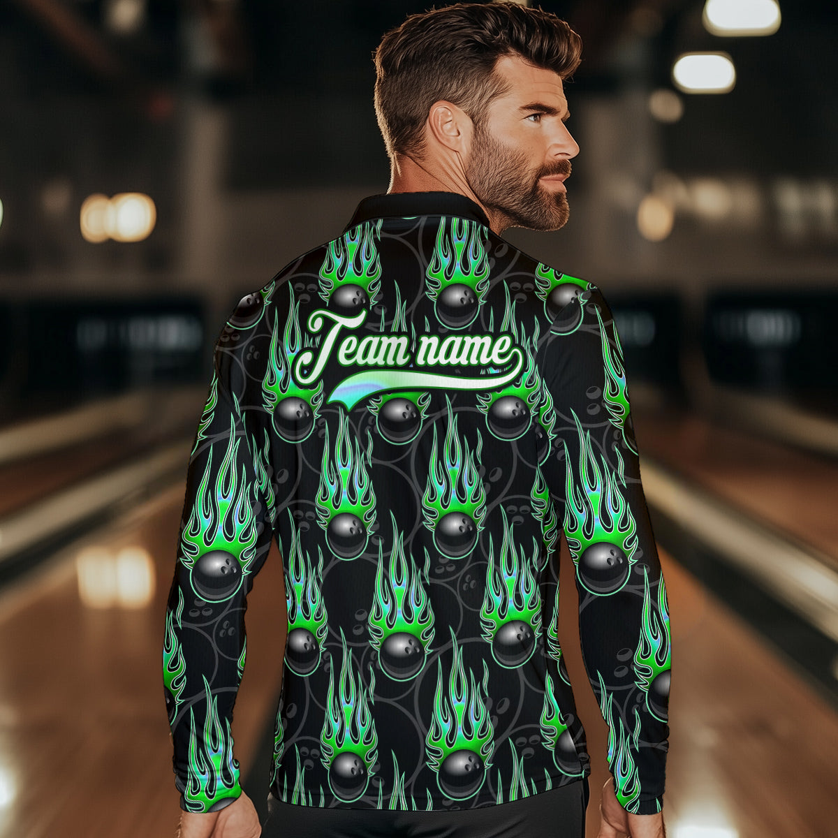 Black Bowling Ball Camo Green Flame Bowling Polo, 1/4 Zip Shirt for Men Custom Bowling Team Jersey NQS9479