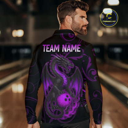 Black And Purple Flame Custom Dragon Bowling Team Shirts For Men, Bowling Uniform Outfit NQS9963