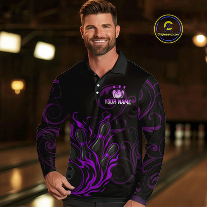 Black And Purple Flame Custom Dragon Bowling Team Shirts For Men, Bowling Uniform Outfit NQS9963