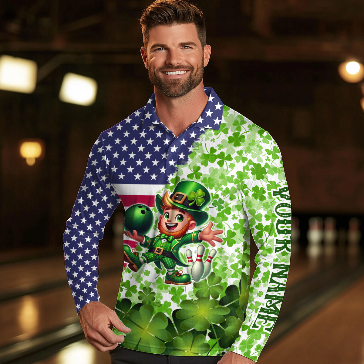 American flag St Patrick day shamrock pattern custom Team Bowling Polo, Quarter Zip shirt for Men NQS9581