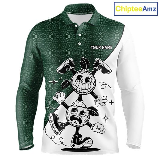 Green White Funny Golf Ball Pattern Mens Golf Polo Shirts Custom Golf Outfits Men, Green Golf Tops NHT784