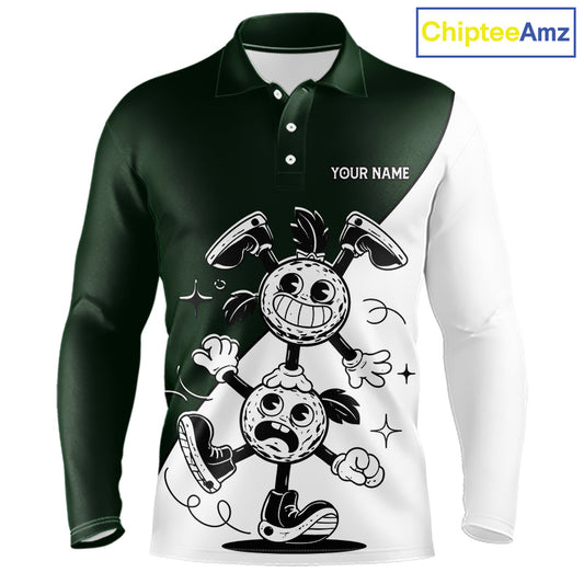 Green White Funny Golf Ball Pattern Mens Golf Polo Shirts Custom Golf Outfits Men, Green Golf Tops NHT785